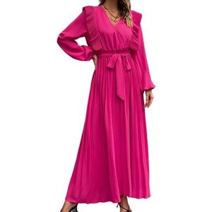 Hot Pink Pleated Long Sleeve Maxi Dress